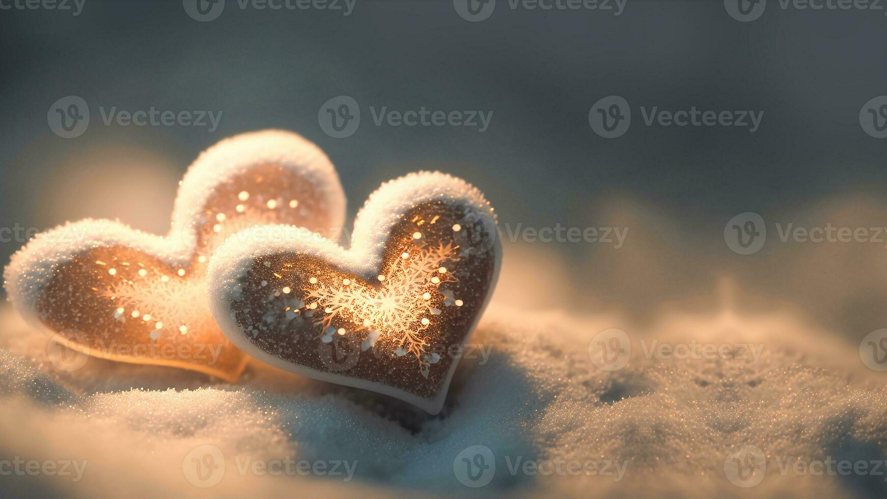 3D Render of Shiny Hearts On Snow Background. Love Concept. photo
