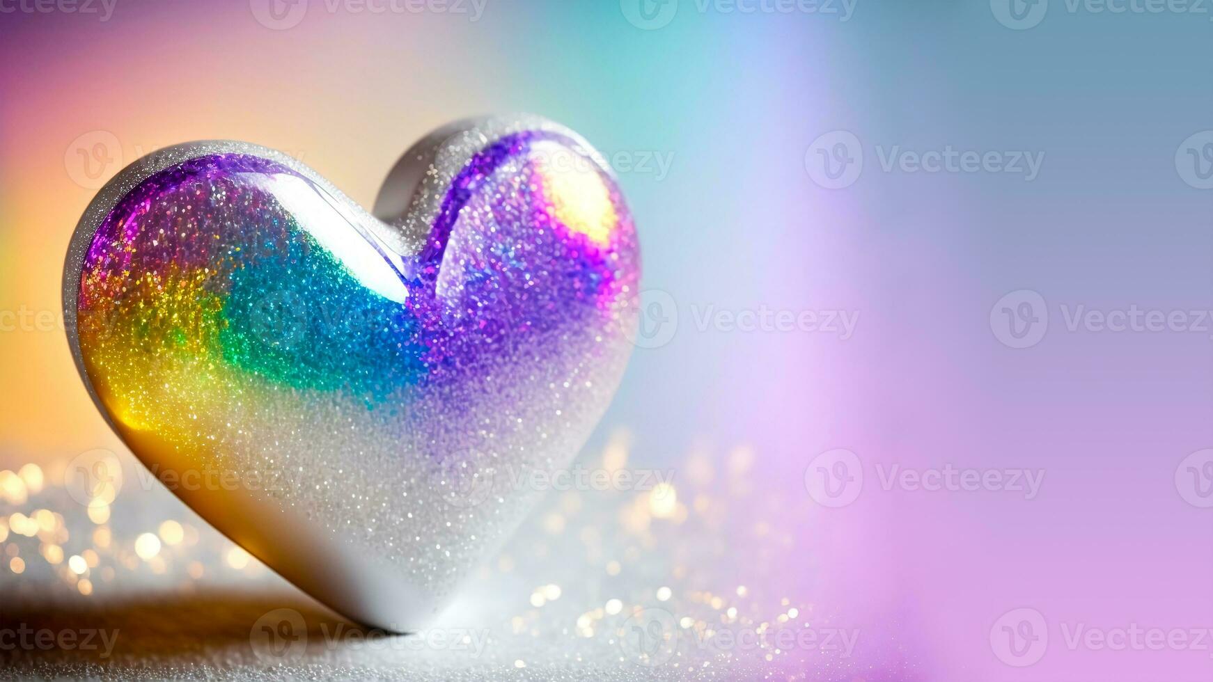 Shiny Colorful Glittery Heart Shape On Rainbow Background. 3D Render. photo