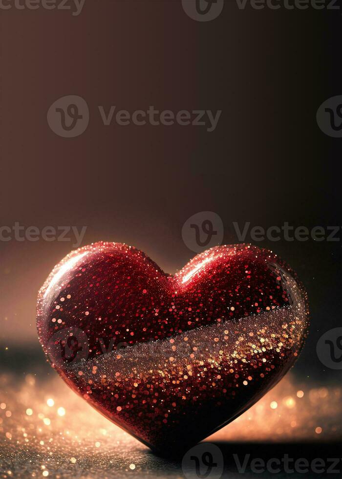 Shiny Red Glittery Heart Shape On Flare Lighting Background. 3D Render. photo