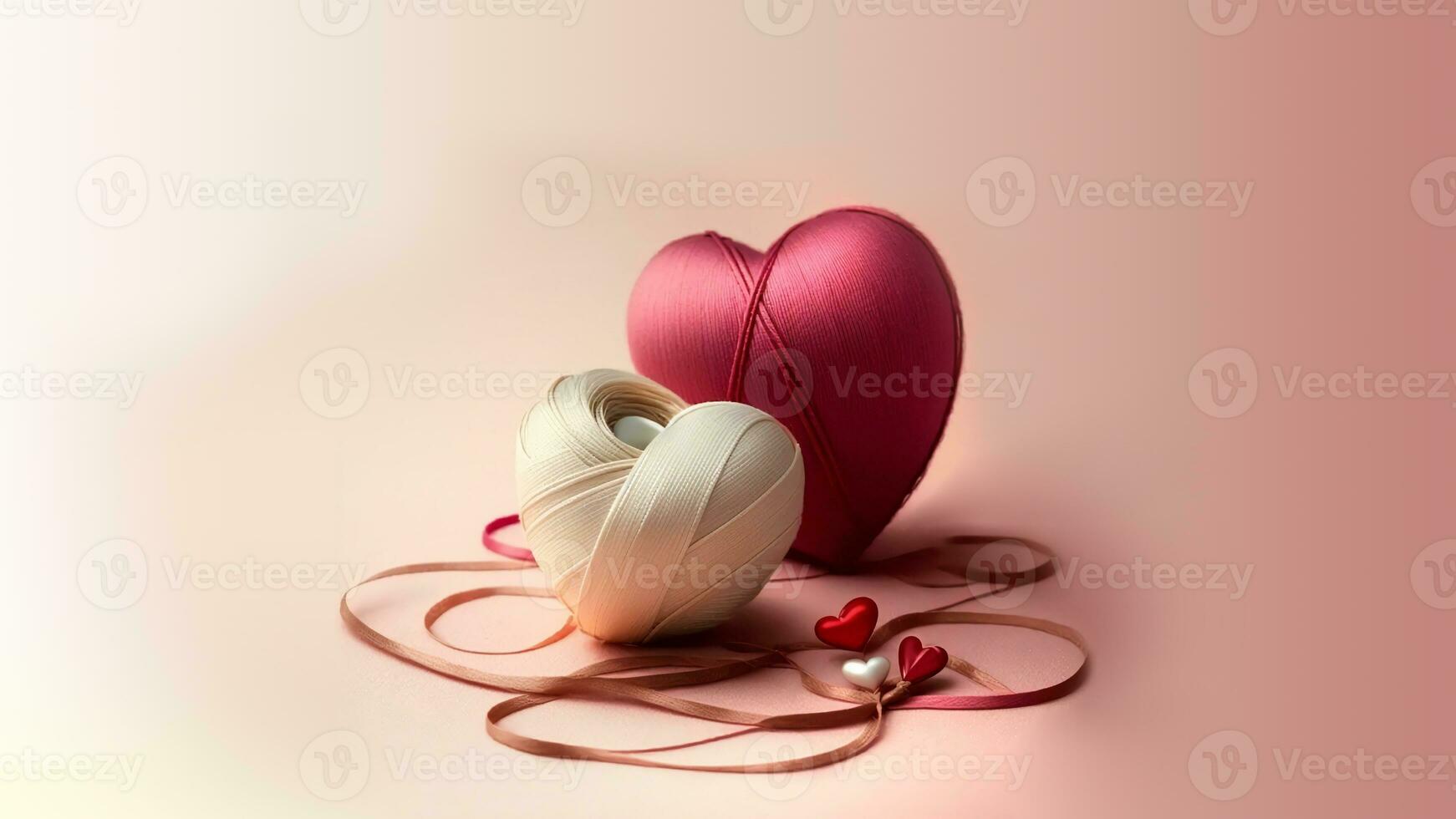 3D Render, Embroidery Ribbon Or Thread Heart Shapes In Two Color. photo