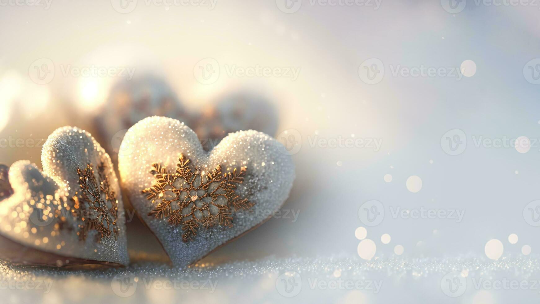 3D Render of Shiny Glittery Hearts With Golden Snowflakes On Bokeh Background. Love Concept. photo