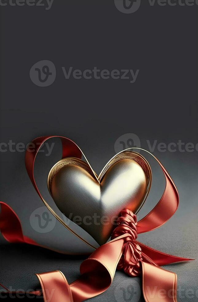 3D Rendder of Silver Heart Shape Wrapped Copper Silk Ribbon. photo