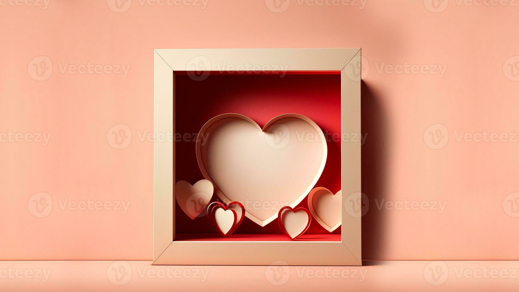 3D Render of Paper Heart Shapes Inside Square Frame For Love Concept. photo