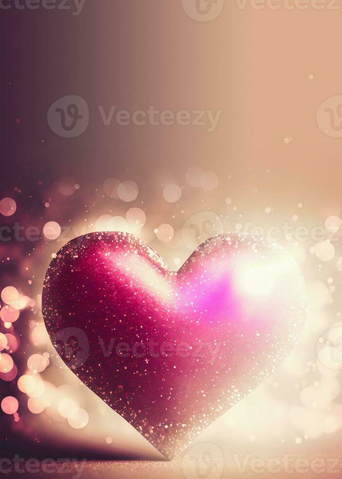 3D Render, Shiny Pink Glittery Heart Shape On Bokeh Backgorund. Love Concept. photo