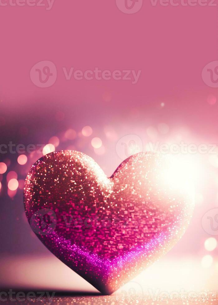 3D Render, Shiny Glittery Heart Shape On Golden And Pink Bokeh Lighting Backgorund. Love Concept. photo