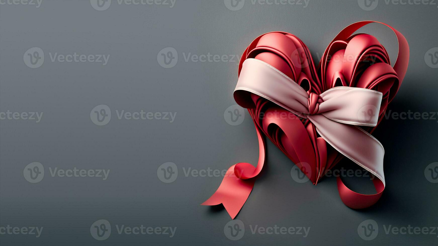 Realisitc Red Silk Ribbon Forming Heart Shape On Grey Background. photo