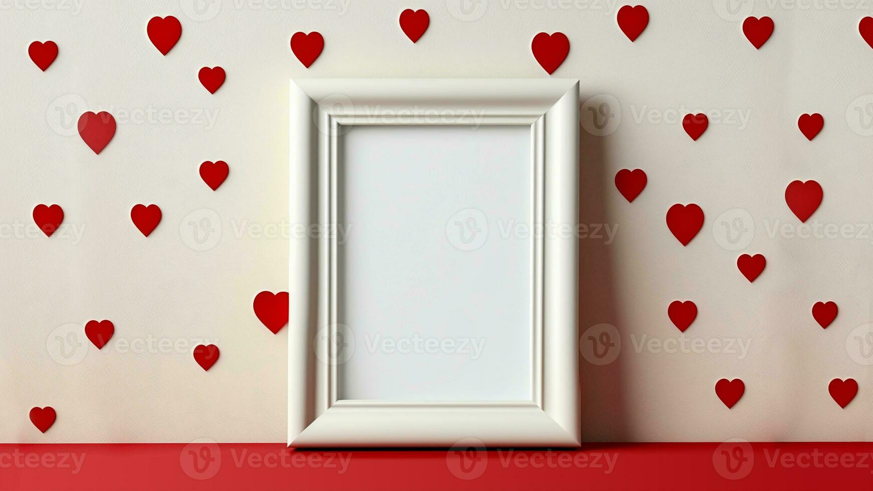 3D Render, Photo Frame With Image Placeholder Against Red Hearts Wall. Love Concept.
