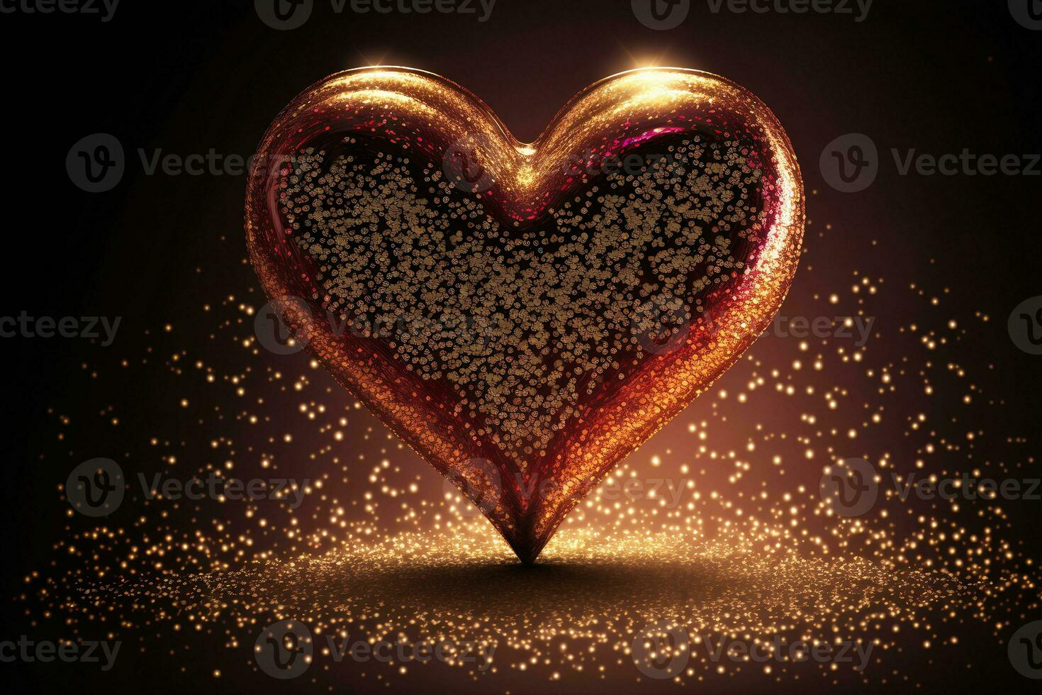 Shiny Glittery Heart Shape On Golden Lighting Backgorund. 3D Render. photo