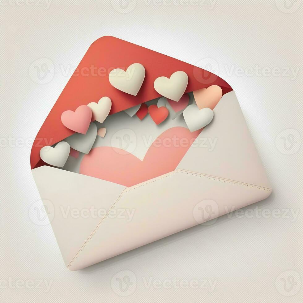 3D Render, Soft Color Paper Hearts Inside Envelope. photo