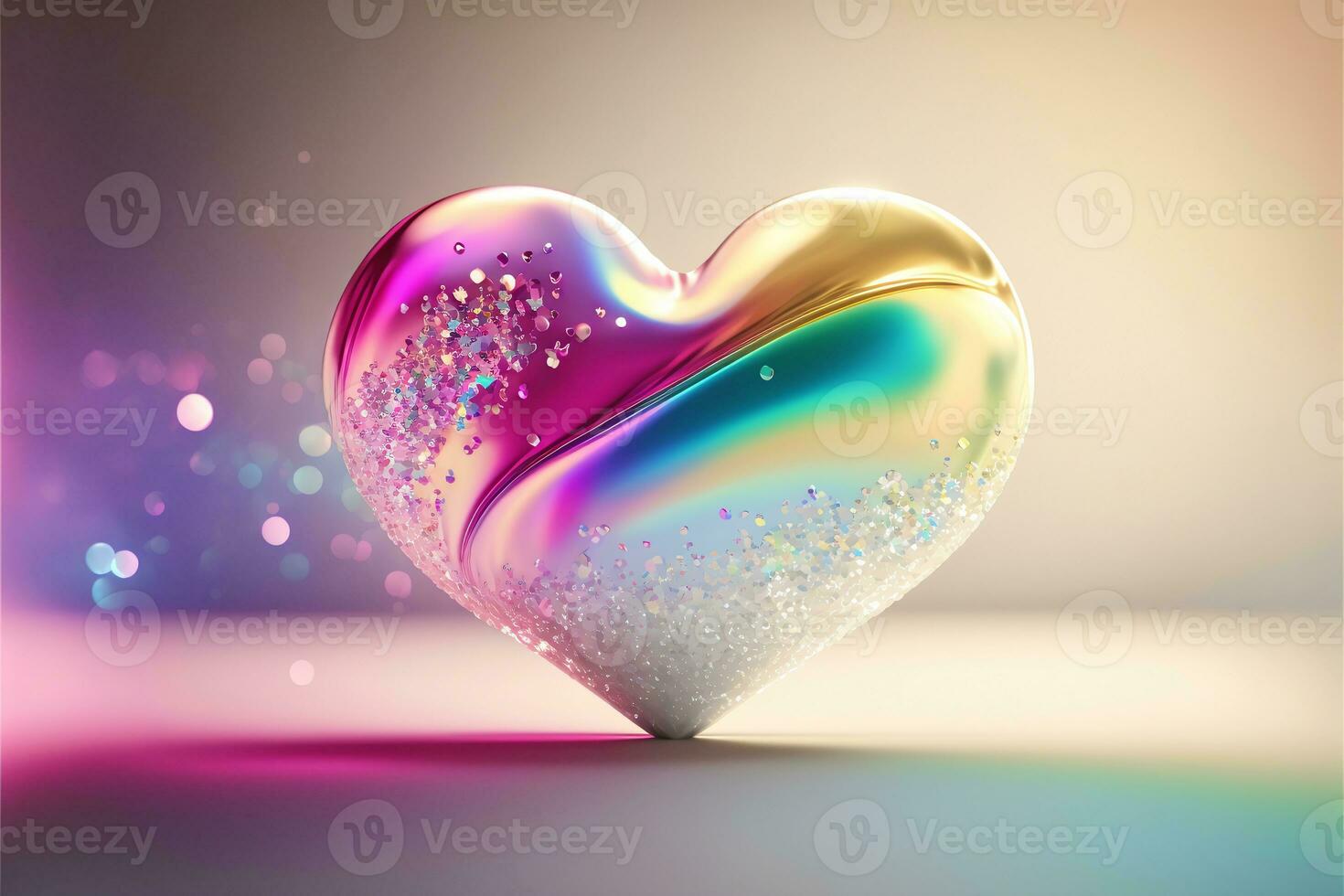3D Render Of Shiny Colorful Glittery Heart Shape On Rainbow Background. photo