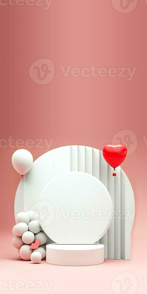 3D Render, Presented Circular Frame On Podium With Balloons. photo