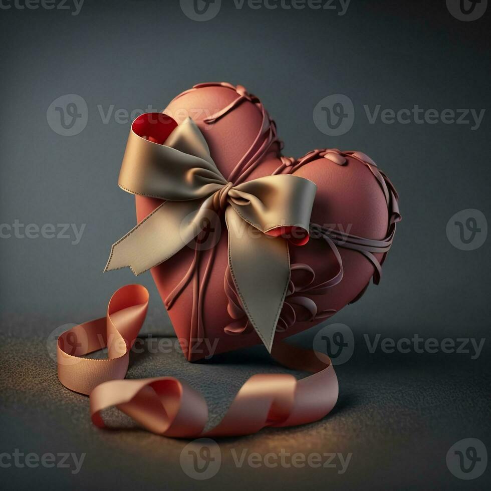 3D Render, Matte Red Heart Shape Wrapped With Bronze Bow Silk Ribbon. photo