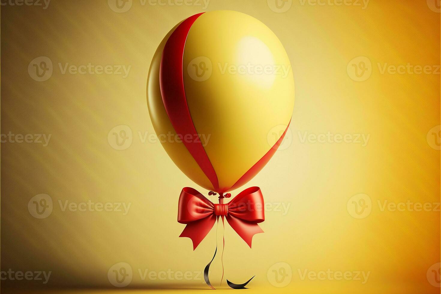 3D Render, Glossy Balloon With Red Ribbon On Yellow Stripe Background. photo