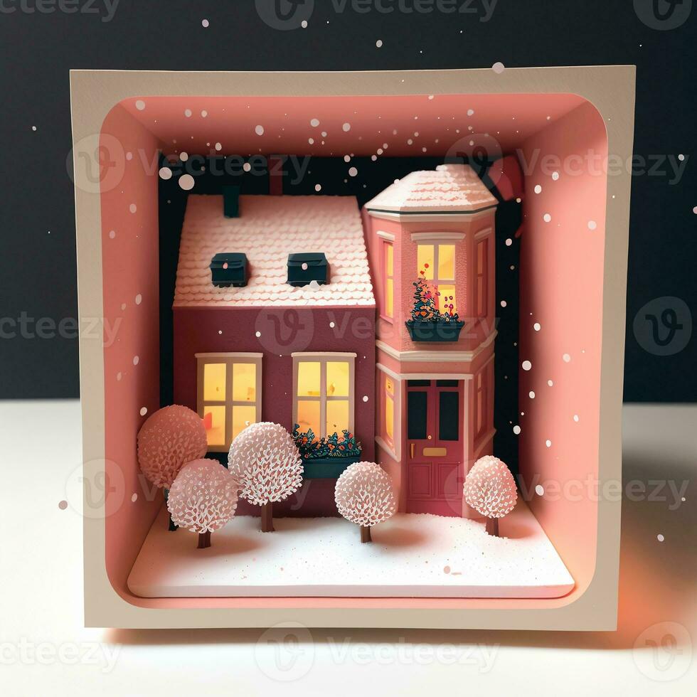 3D Render Of Decorative Winter Diorama Square Frame With Residential Structure, Trees, Snow Falling. photo