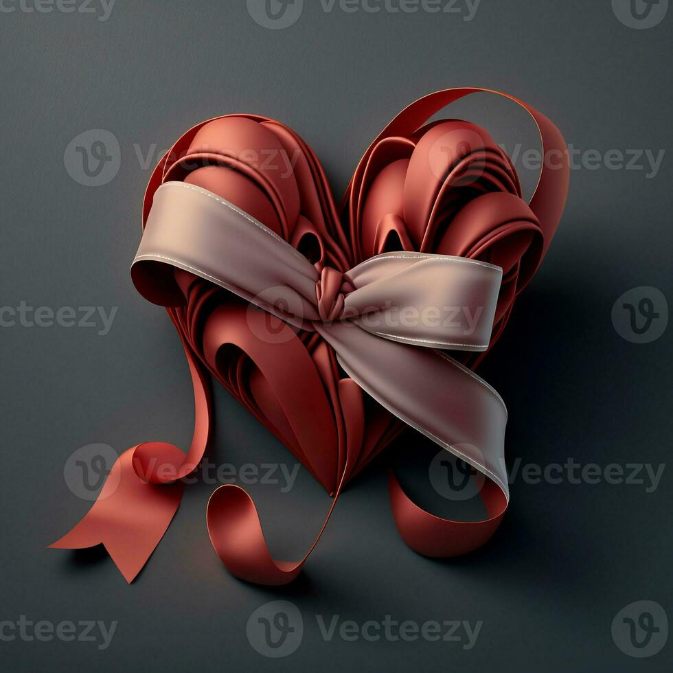 Realisitc Red Silk Ribbon Forming Heart Shape On Grey Background. photo