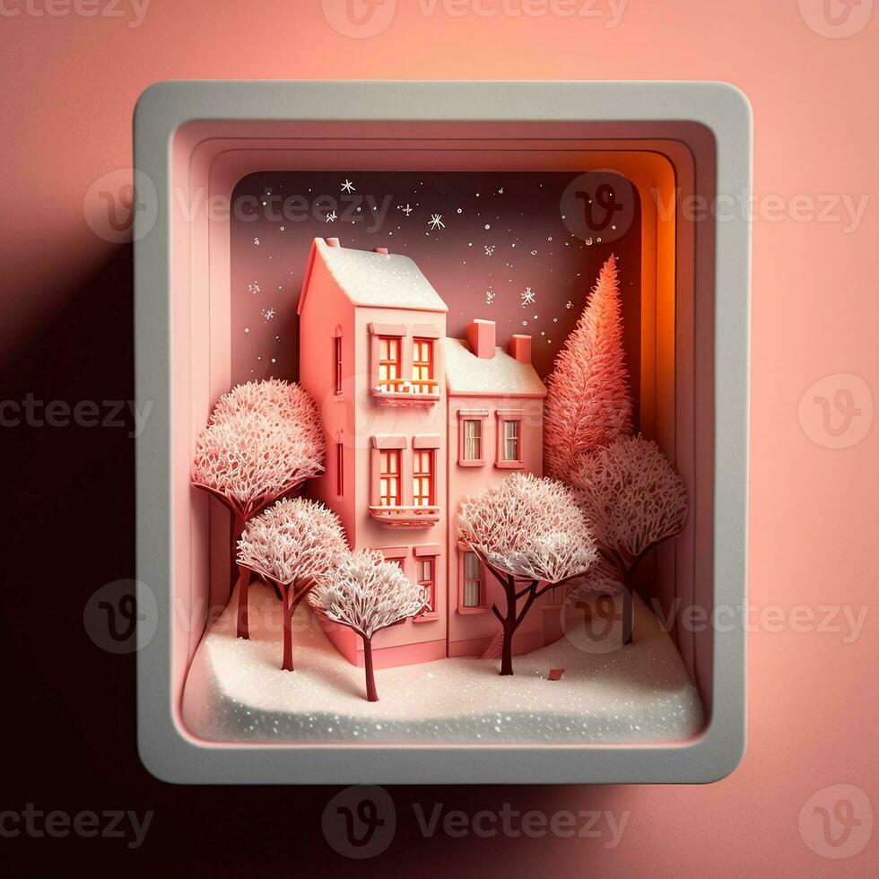 3d hacer de decorativo invierno diorama cuadrado marco con residencial estructura, árboles, nieve descendente. foto