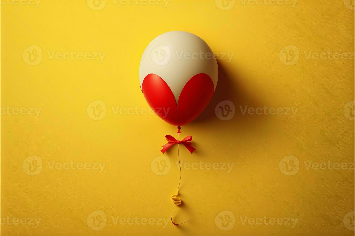 Realistic Red And White Balloon With Ribbon Against Yellow Background. photo