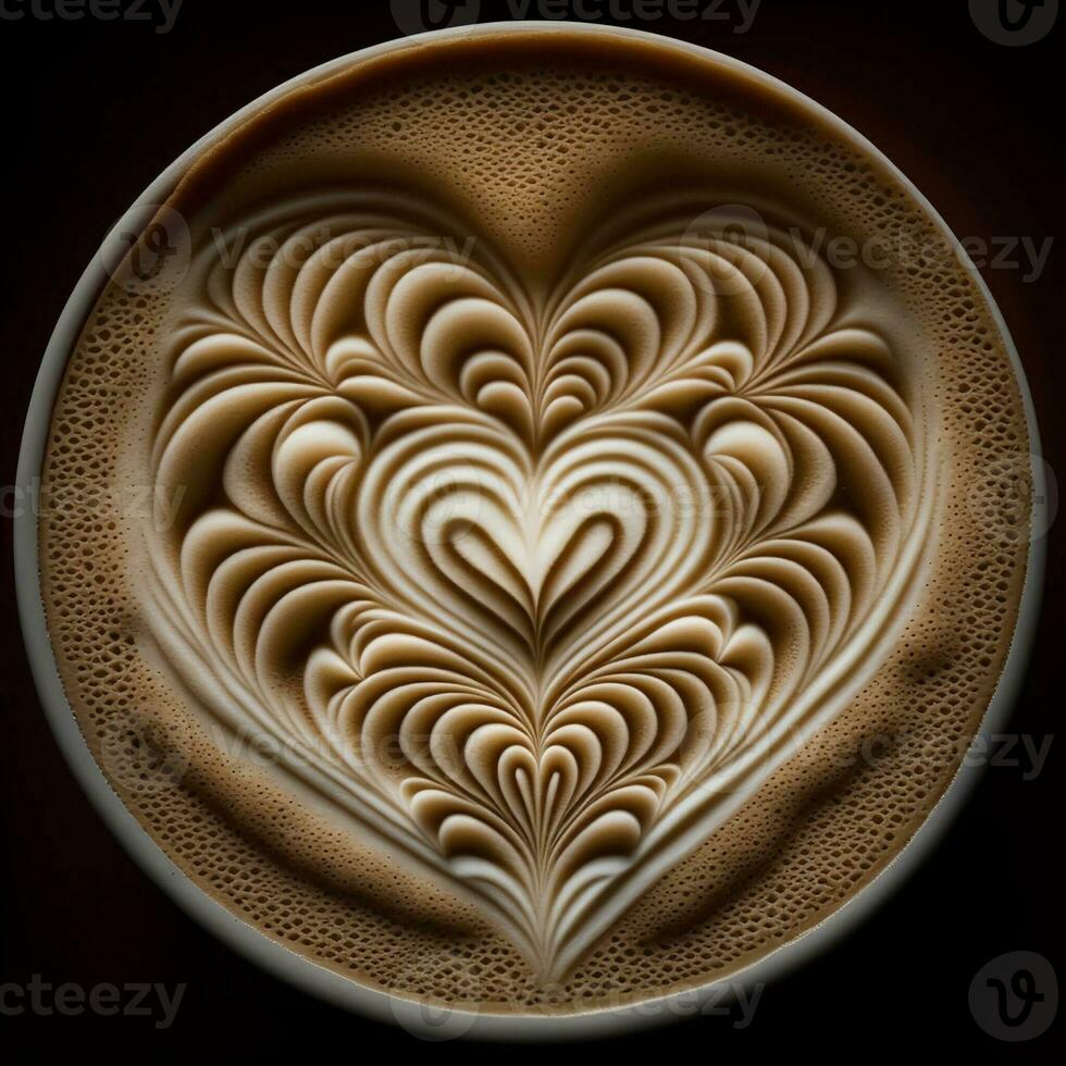 Top View of Realistic Latte Coffee Art With Froth Rippled Hearts. 3D Rendering. photo