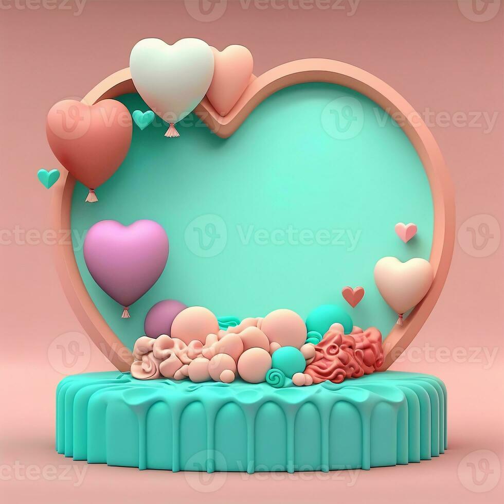 3d representación de corazón forma marco con podio, globos y decorativo elementos. foto