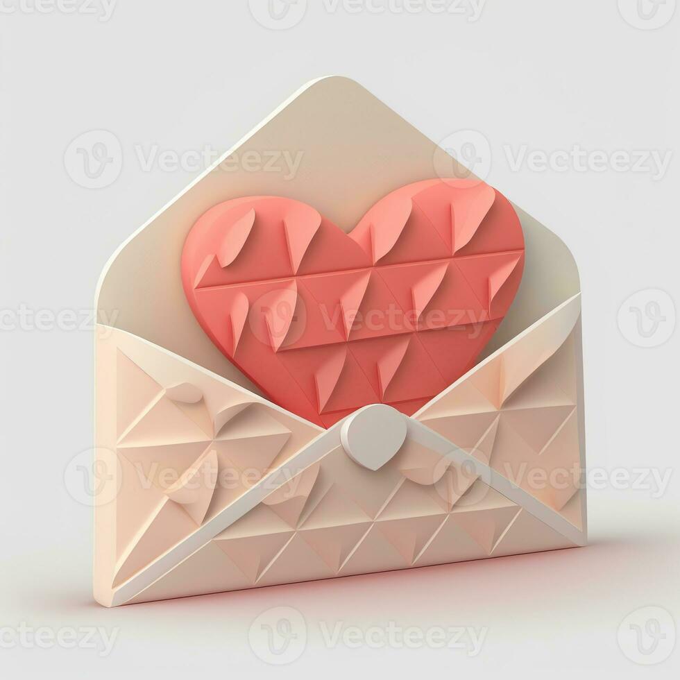 3D Render, Pastel Red Heart Inside Envelope In Geometric. photo