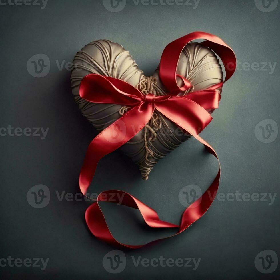 3D Render of Bronze Heart Shape Wrapped With Red Ribbon On Gray Grunge Background. photo