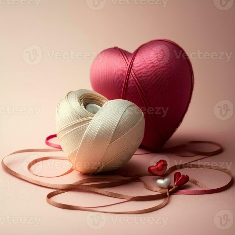 3D Render, Embroidery Ribbon Or Thread Heart Shapes In Two Color. photo