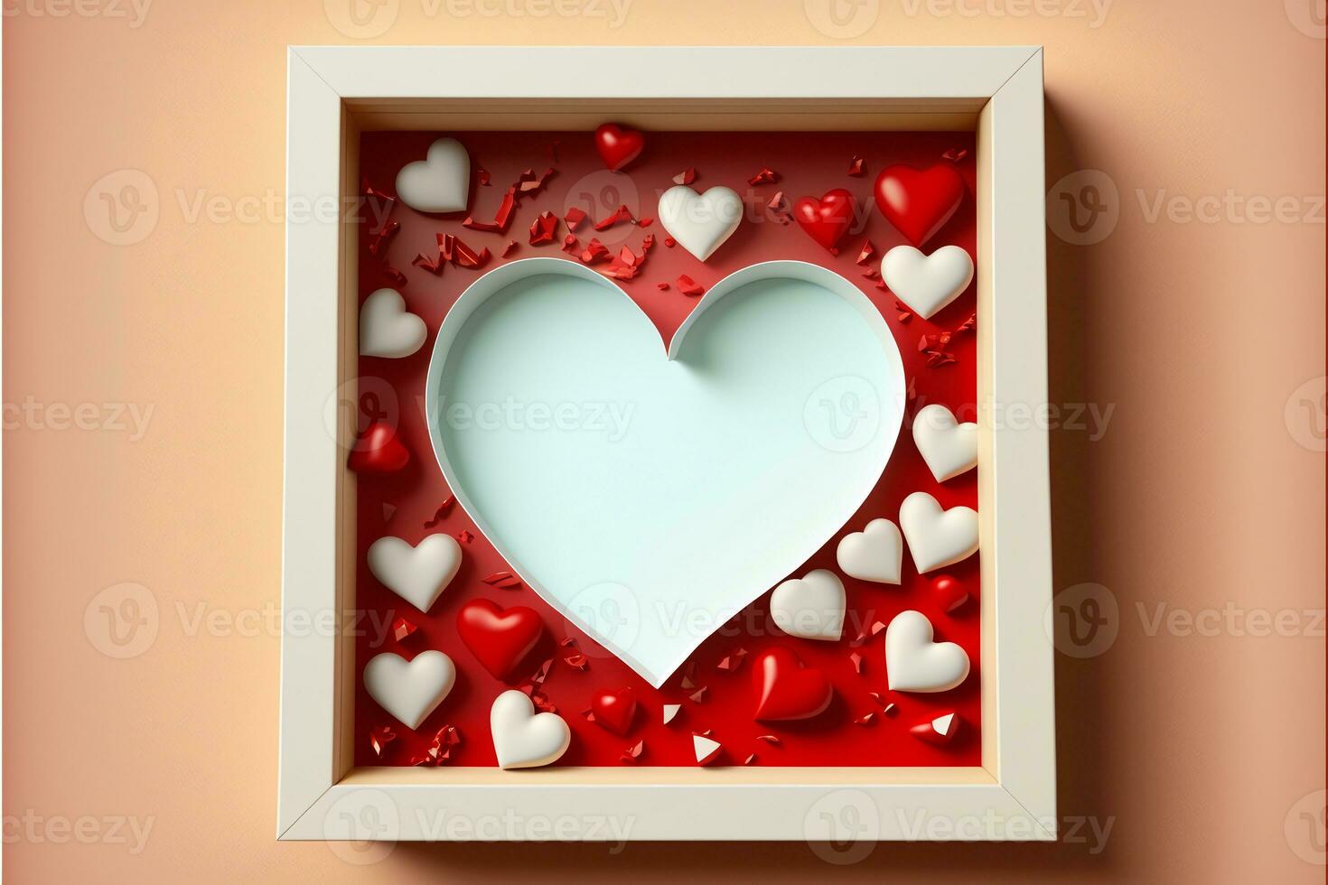 Red And White Paper Hearts Inside Square Frame. 3D Render Love Or Valentine Concept. photo