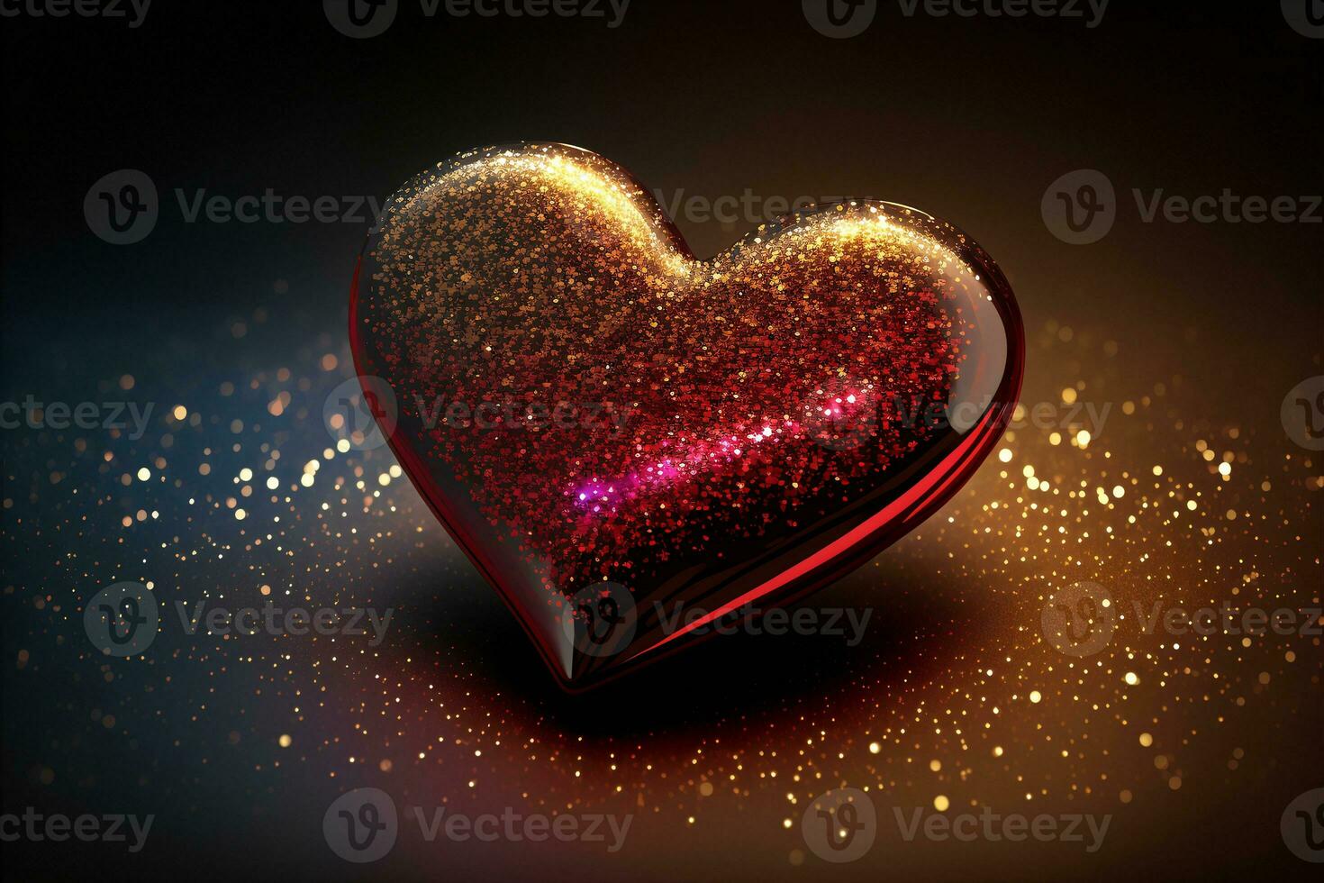 Shiny Glittery Heart Shape On Golden Lighting Background. 3D Render. photo