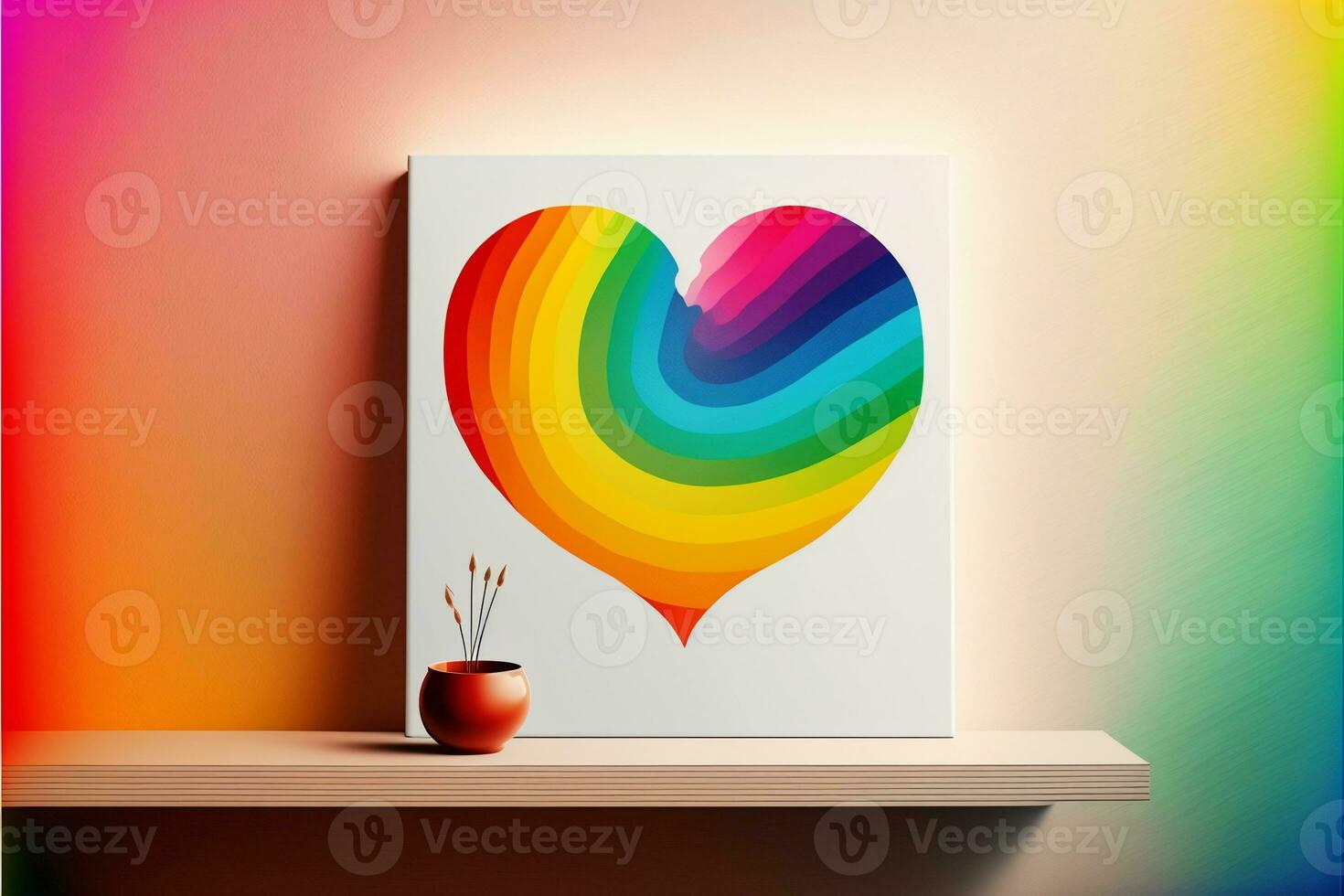 3D Render, Colorful Heart Canvas With Flower Pot On Rainbow Background. photo