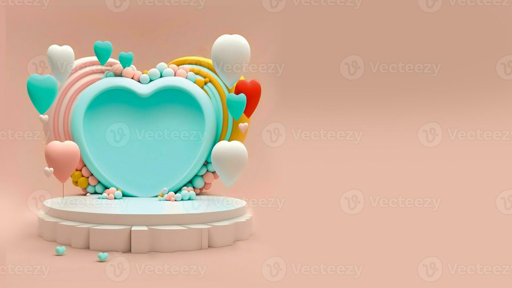 3D Render, Soft Pastel Color Heart Shape Frame With Podium And Decorative Balloons. photo