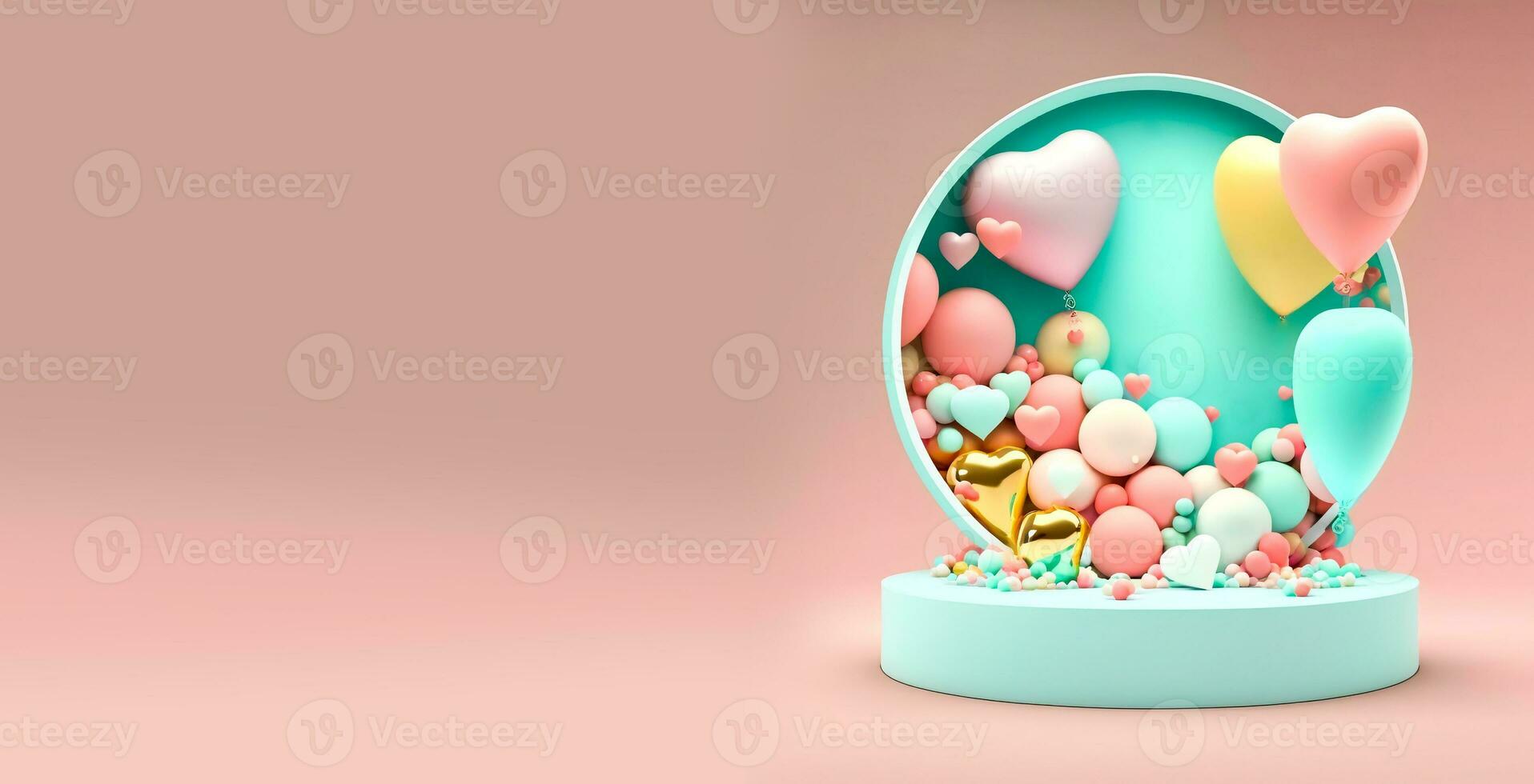 3D Rendering of Heart Shape Frame With Podium, Balloons And Decorative Elements. photo