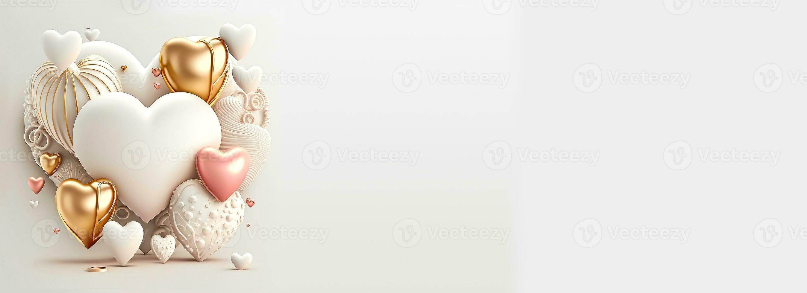 3D Rendering Heart Shapes In White, Golden, Pink Color. Creative Romantic Composition. photo