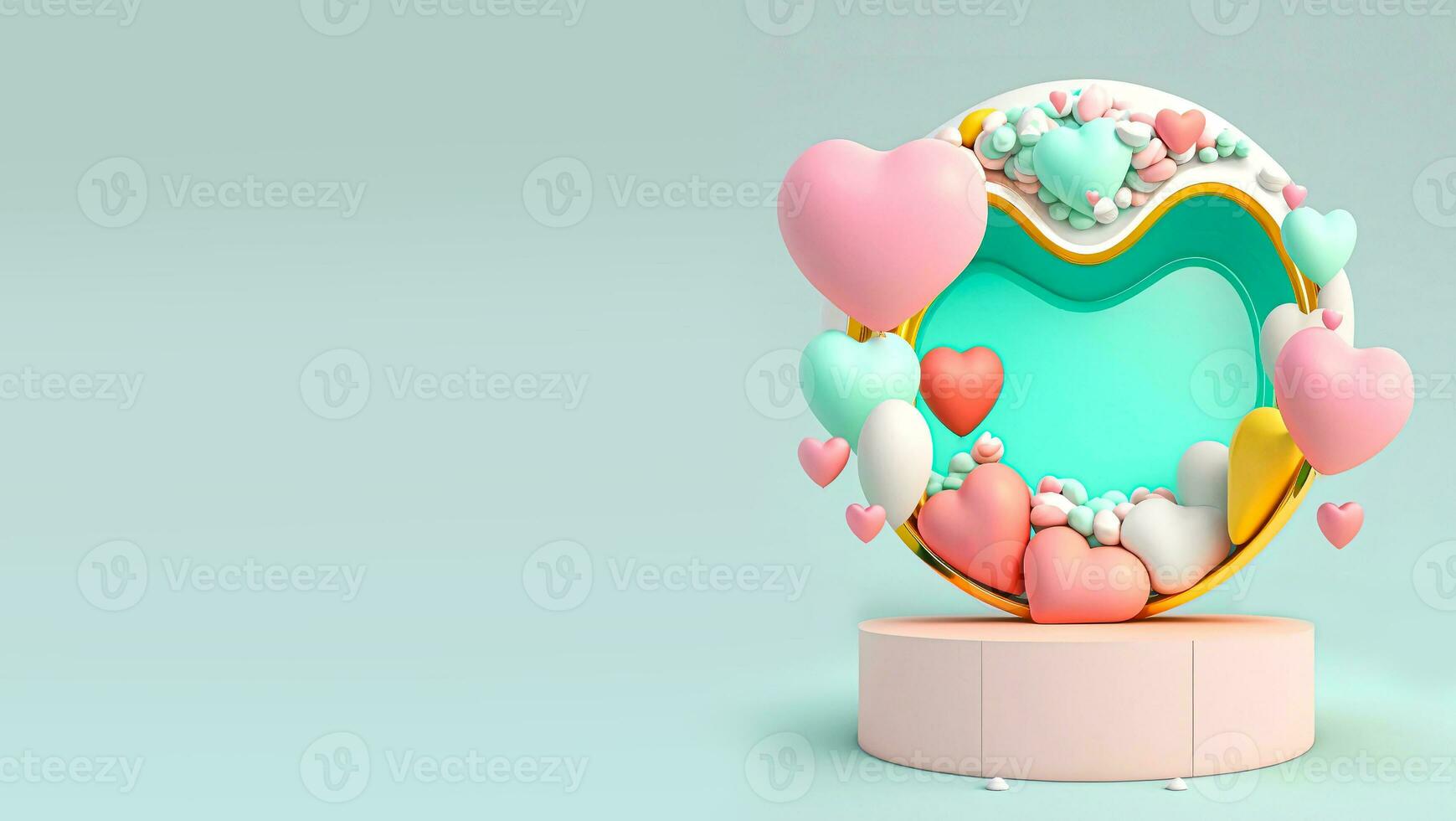 3D Rendering Heart Shape Frame Decorated With Balloons on Podium. photo