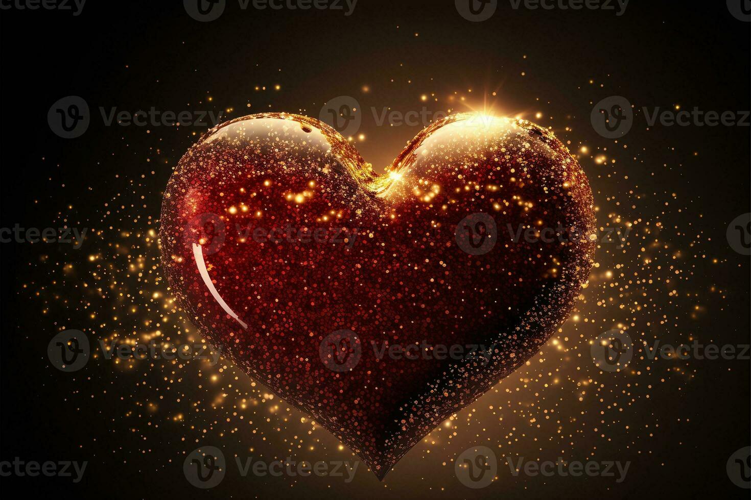 Shiny Red Glittery Heart Shape On Golden Light Background. 3D Render. photo