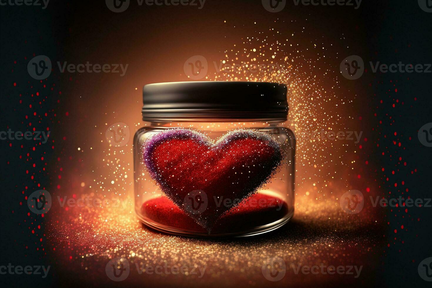 3D Render of Red Glittery Heart Shape Inside Glass Jar On Golden Sparkles Background. photo