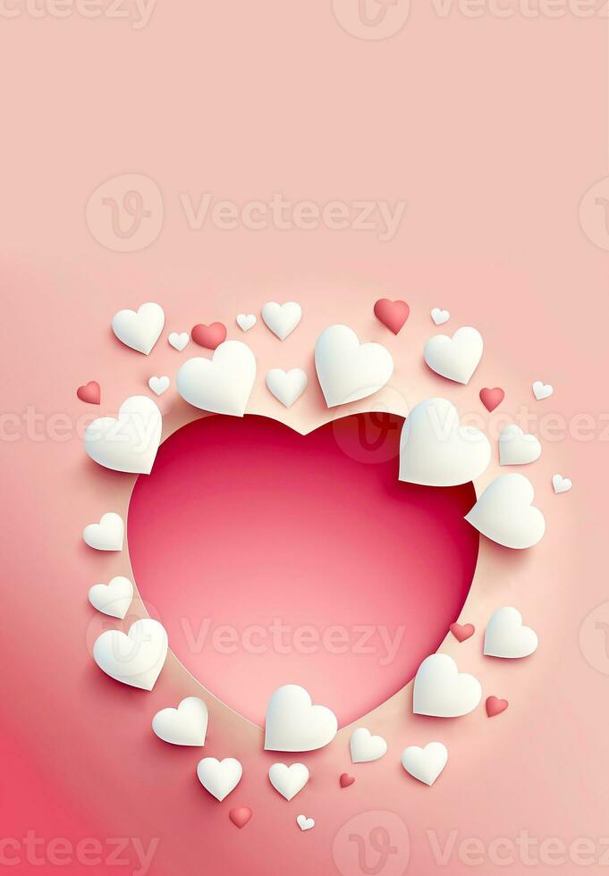 3D Render Abstract Paper Cut Heart Shape Background In Pastel Red, Pink And White Color. photo