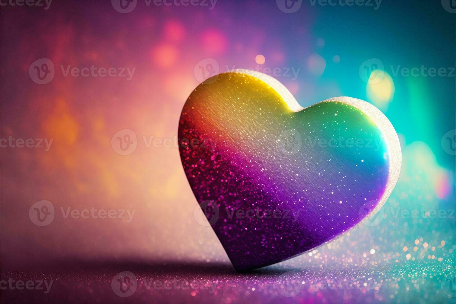 3D Render Of Shiny Colorful Glittery Heart Shape On Rainbow Bokeh Background. photo