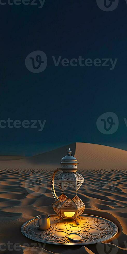 3D Render, Illuminated Exquisite Arabic Lamp With Cup And Plate On Sand Dune Background. Islamic Religious Concept. photo