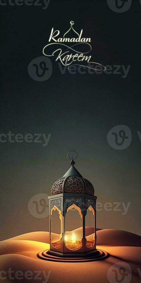 Ramadan Kareem Banner Design With 3D Render, Golden Exquisite Arabic Lamp On Sand Dune. photo