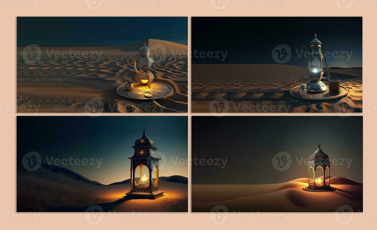 Collection of Exquisite Crescent Moon With Illuminated Arabic Lamps On Sand Dune. 3D Render. photo