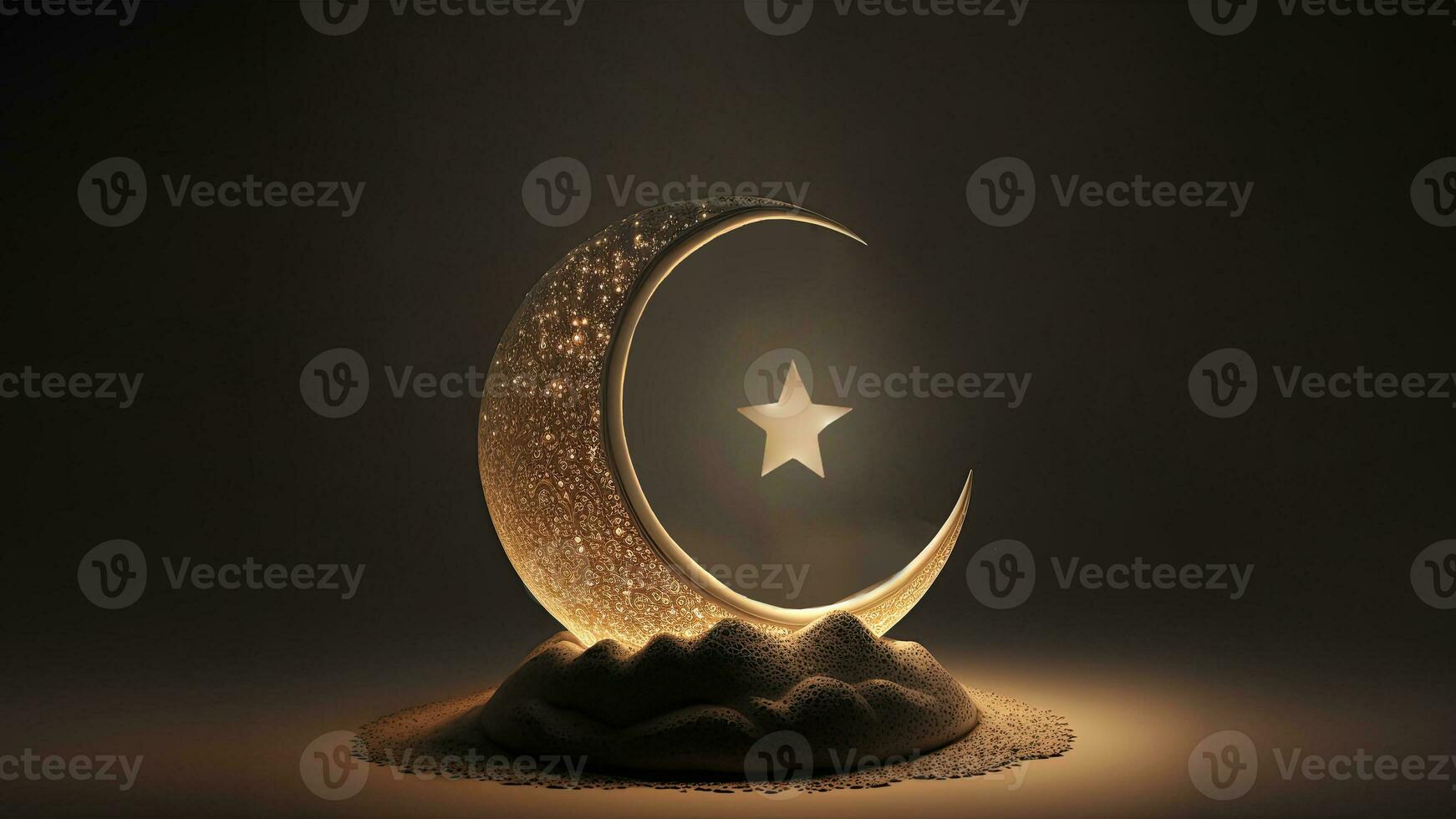 3D Render of Crescent Moon Decorated With Glowing Stars On Dune. Islamic Religious Concept. photo