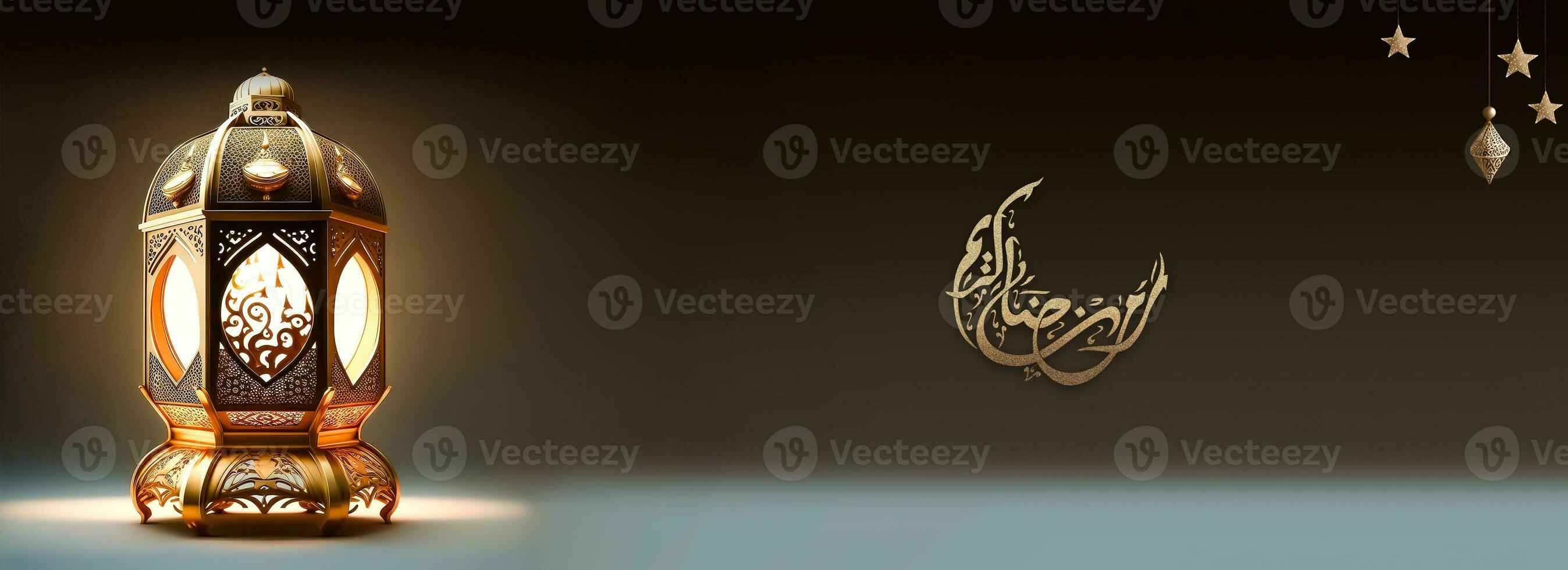 Golden Arabic Calligraphy of Ramadan Kareem In Crescent Moon Shape And Illuminated Realistic Lamp On Brown And Blue Background. Banner or Header Design. 3D Render. photo