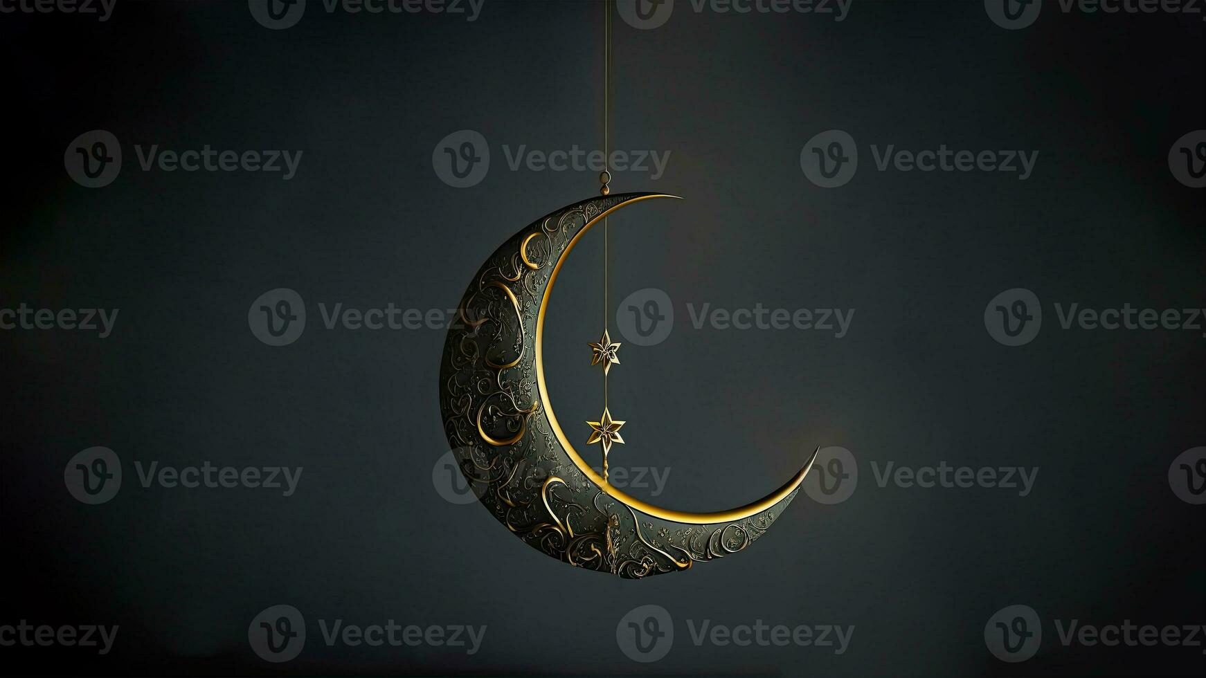 3D Render of Hanging Exquisite Shiny Carved Moon With Star On Dark Background. Islamic Religious Concept. photo