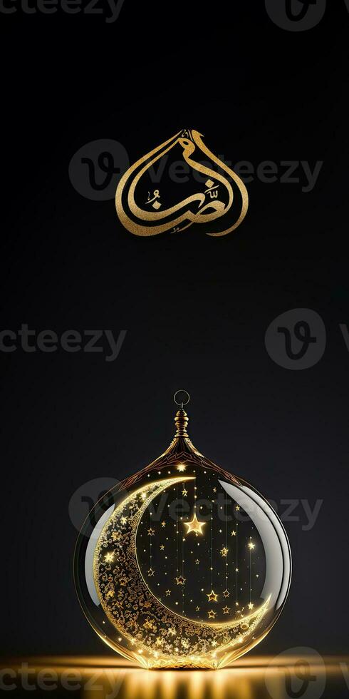 Golden Arabic Calligraphy of Ramadan And Exquisite Crescent Moon, Lighting Stars Inside Glass Ball or Bauble On Black Background. 3D Render. photo