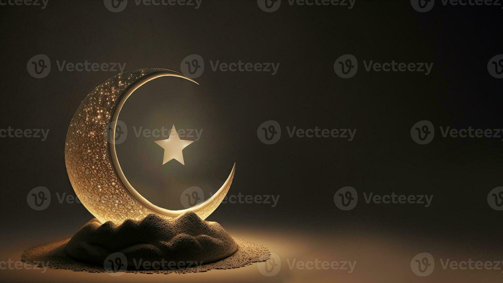 3D Render of Crescent Moon Decorated With Glowing Stars On Dune. Islamic Religious Concept. photo