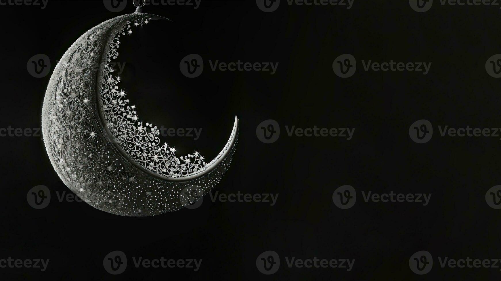 Hanging Exquisite Crescent Moon On Dark Background. 3D Render. Islamic Festival Concept. photo