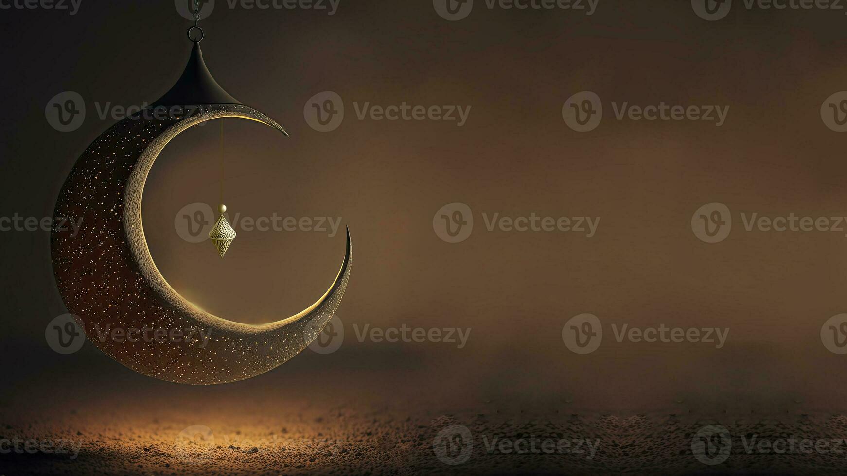 3D Render of Hanging Exquisite Crescent Moon With Stars On Black Background. Islamic Religious Concept. photo