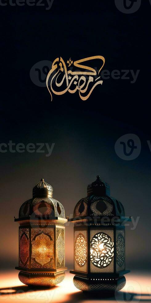 Golden Arabic Calligraphy of Ramadan Kareem And Illuminated Realistic Lamps On Dark Background. Vertical Banner Design. 3D Render. photo