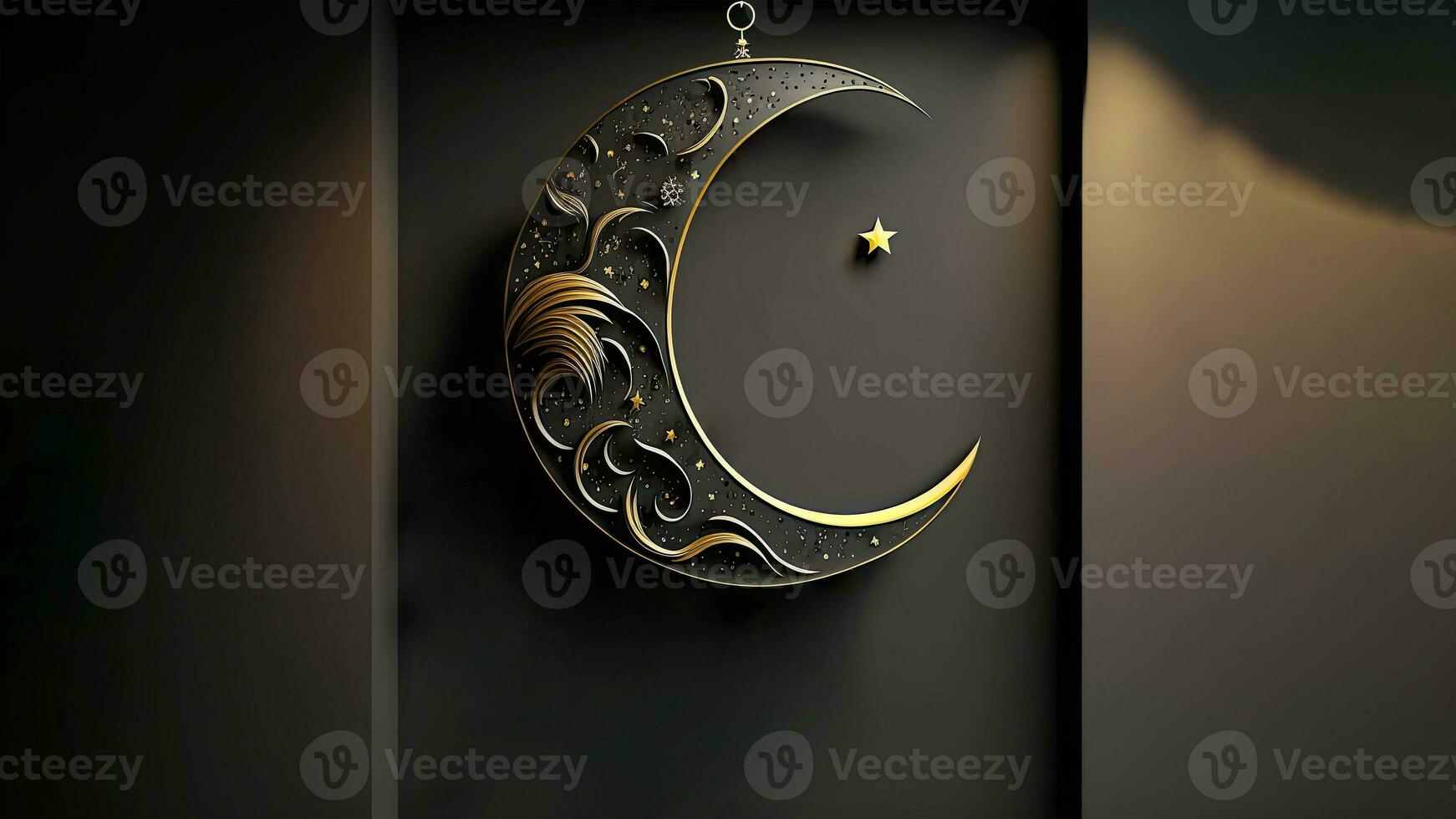 Hanging Exquisite Crescent Moon With Golden Shiny Star On Dark Background. 3D Render. photo