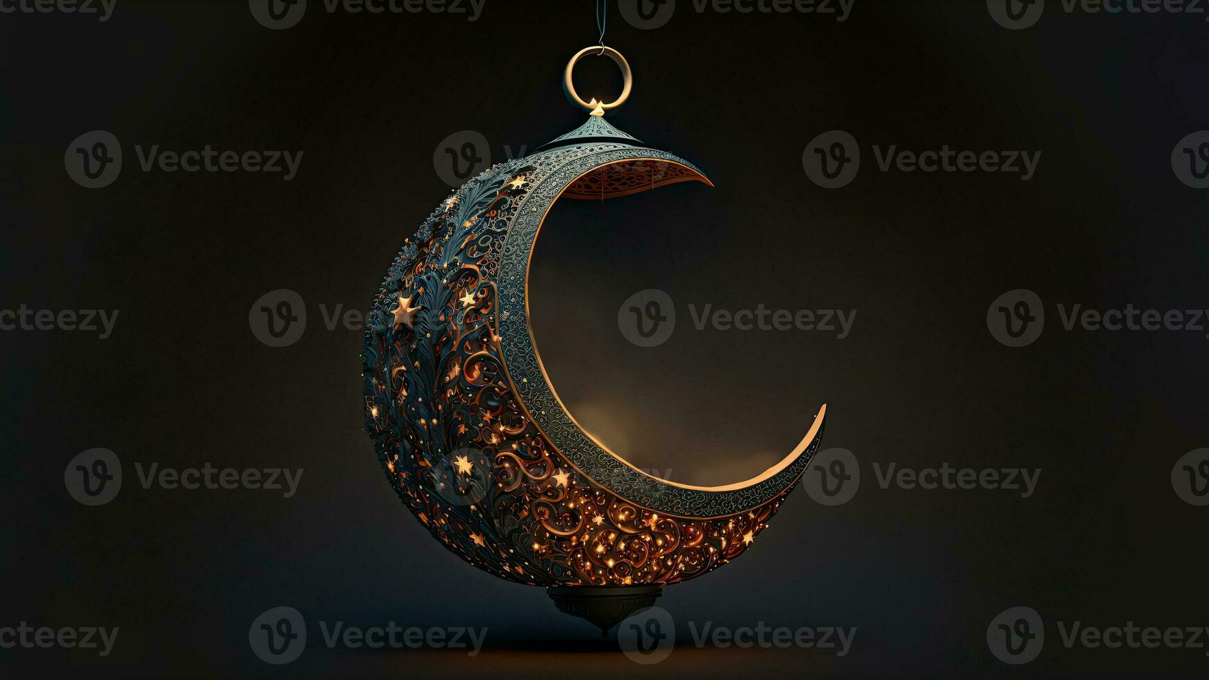 3D Render of Hanging Exquisite Crescent Moon With Stars On Black Background. Islamic Religious Concept. photo